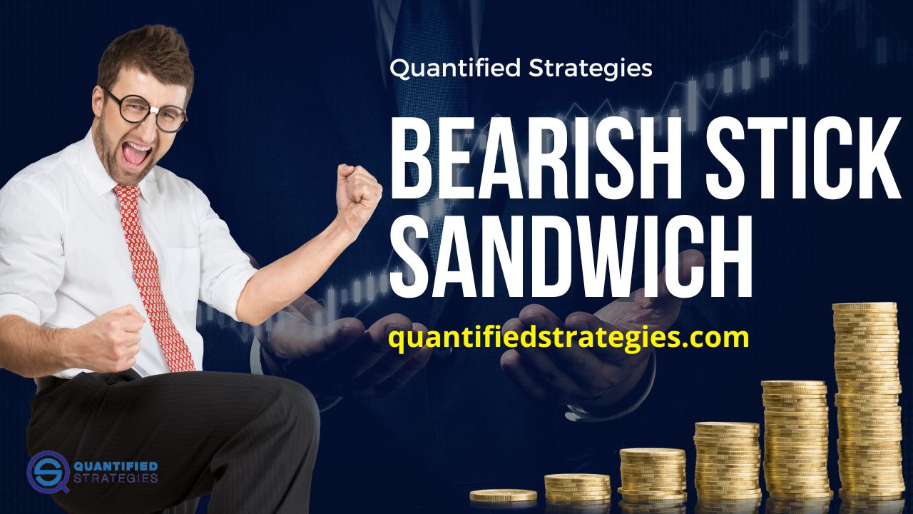 A professional featured header for "Bearish Stick Sandwich Candlestick Pattern" by Quantified Strategies, featuring an excited trader in a white shirt and tie next to stacks of gold coins and a background trading chart.