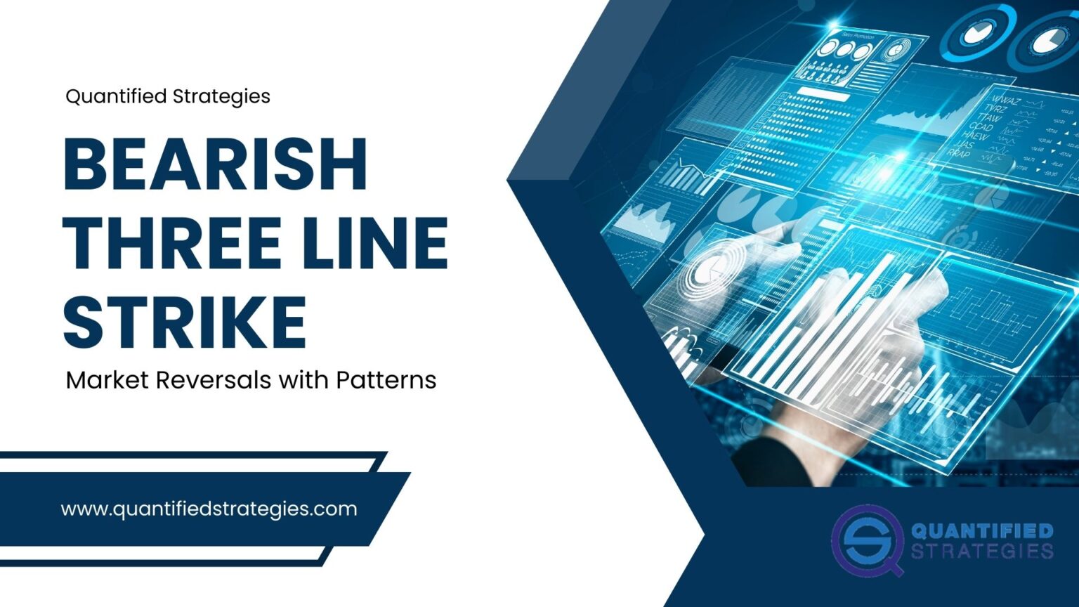 A stylized digital illustration for the Bearish Three Line Strike candlestick pattern, featuring a laptop displaying a trading chart with red and green bars and the text "Bearish Three Line Strike" on a professional white and yellow background.