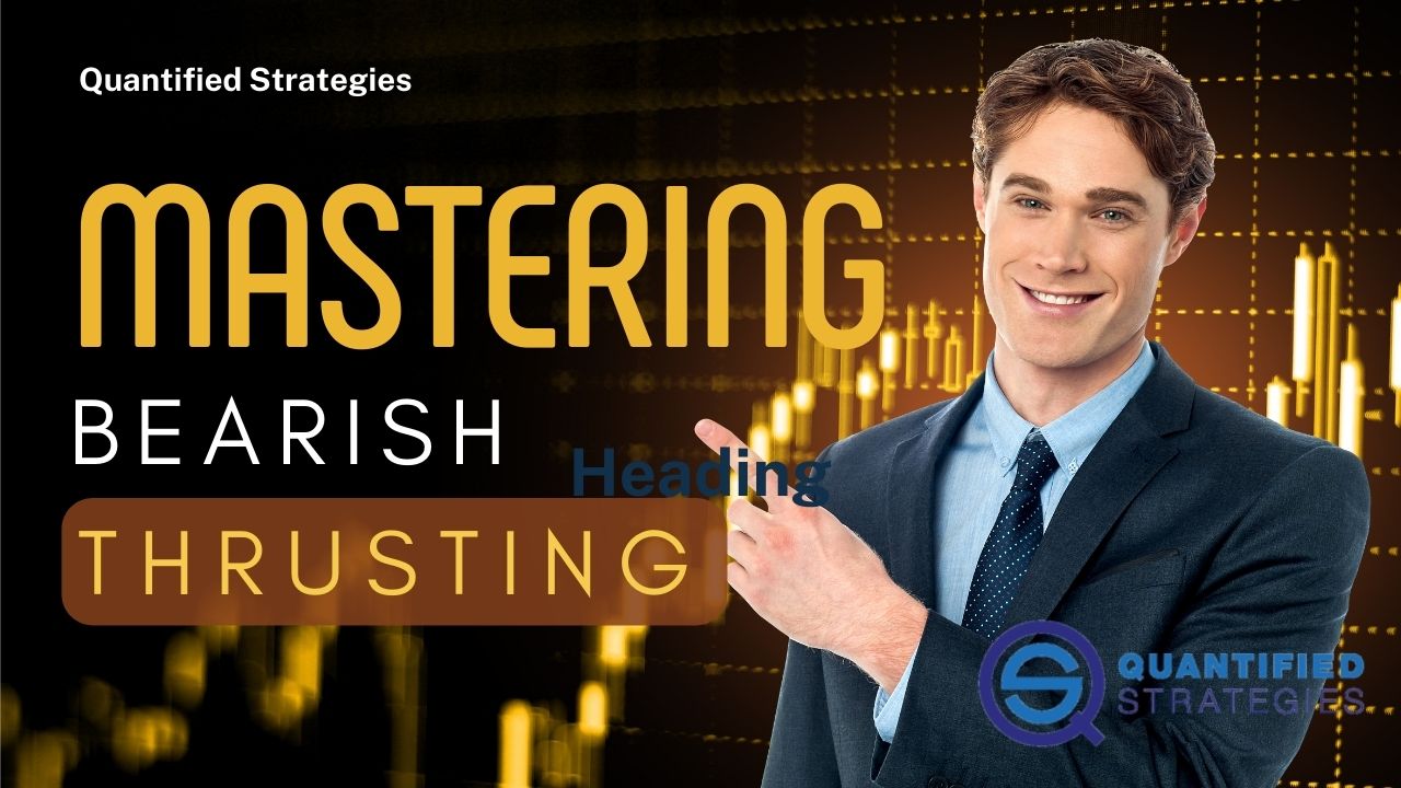 A professional featured image for "Bearish Thrusting Candlestick Patterns" by Quantified Strategies, showing a digital laptop screen with a trading chart and a sleek, modern background in yellow and white.