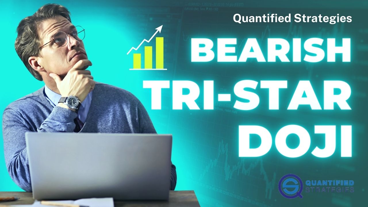A professional featured article header for "Bearish Tri-Star Doji" by Quantified Strategies, showing a digital laptop screen with a trading chart and a sleek, modern yellow and black background.