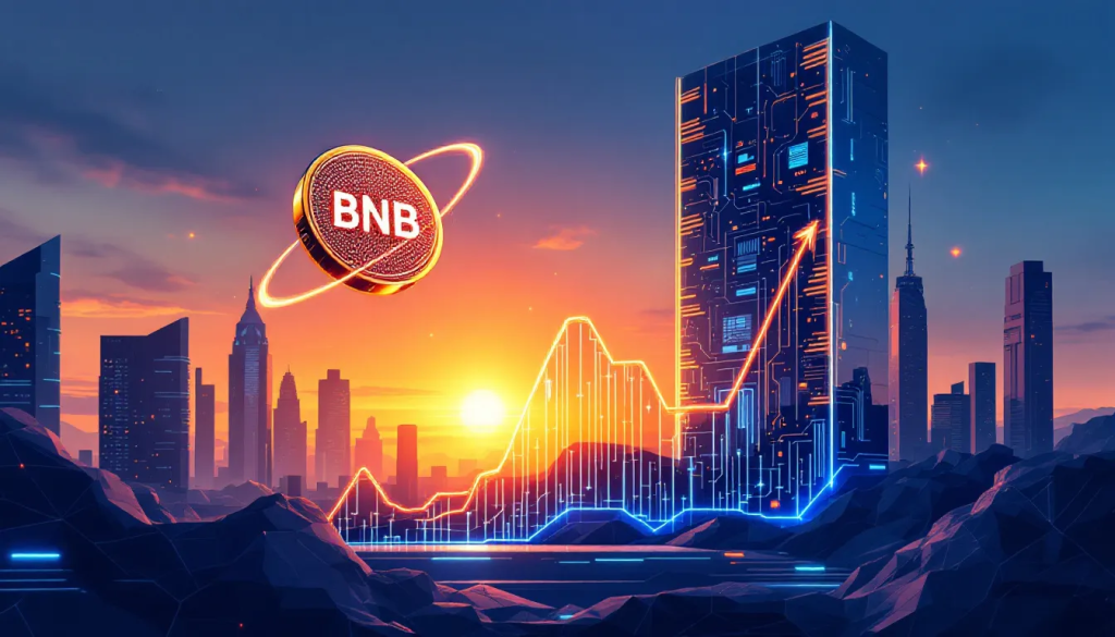 A wide-angle digital illustration of a high-tech trading hub in 2026, where a diverse group of professional traders at workstations analyzes massive holographic displays of BNB price charts and Binance ecosystem data.