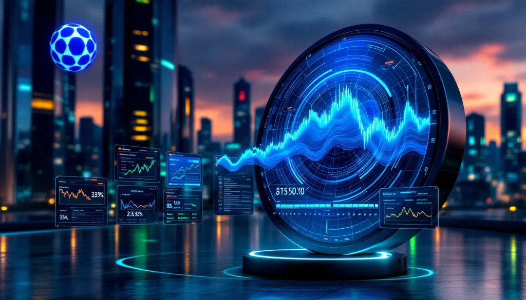 A wide-angle digital illustration of a futuristic, neon-lit city square at night, where crowds gather around a massive holographic screen displaying surging Polkadot DOT price charts and market data.