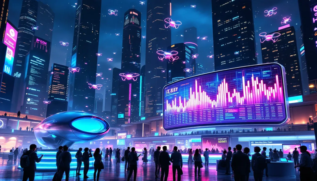A wide-angle digital illustration of a futuristic, neon-lit city square at night, where crowds of people gather around large holographic displays showing surging Dogecoin DOGE price charts and data.