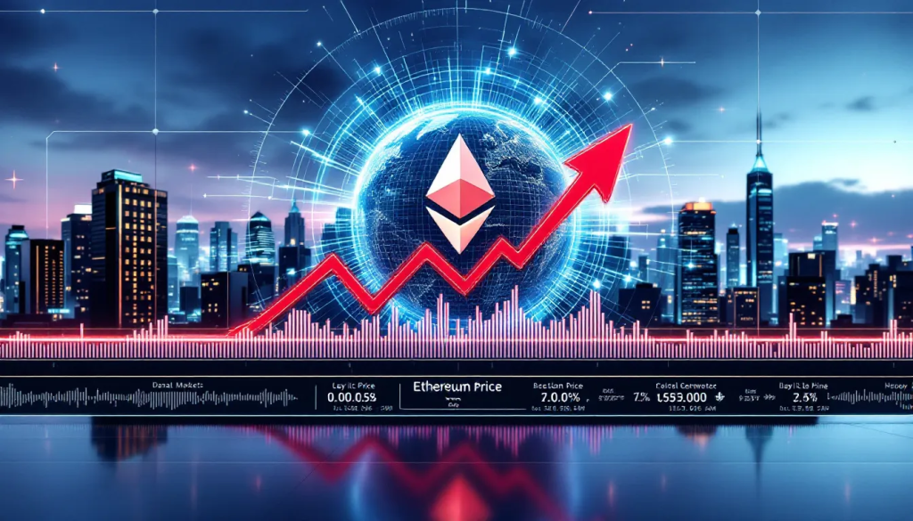 A person analyzing a professional cryptocurrency trading interface with Ethereum (ETH) branding, featuring live red and green candlestick charts, depth graphs, and order execution panels for futures contracts.