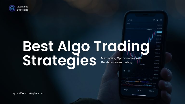 A professional digital graphic titled "Best Algo Trading Strategies for Beginners" featuring a bull icon, binary code backgrounds, and various technical indicators like moving averages and volume bars.