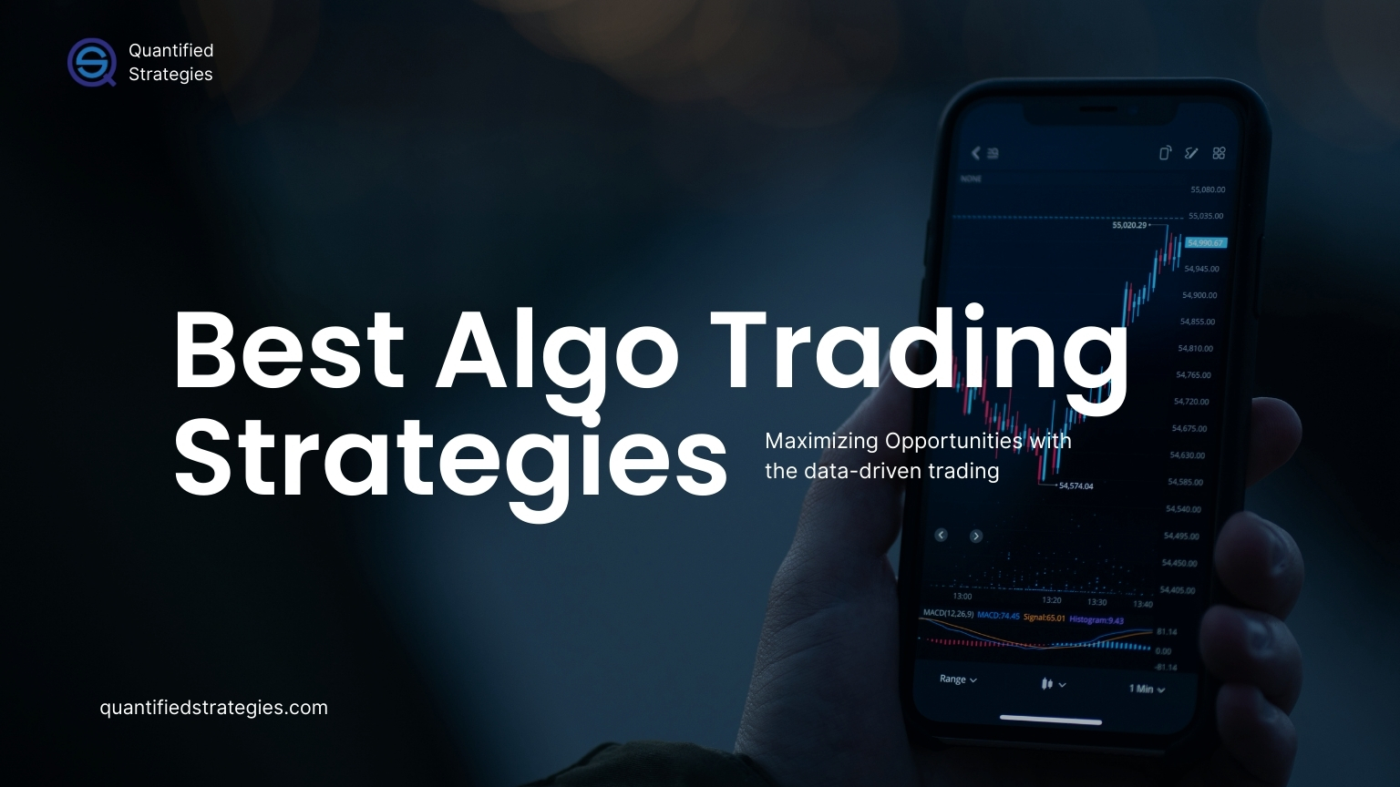 A professional digital graphic titled "Best Algo Trading Strategies for Beginners" featuring a bull icon, binary code backgrounds, and various technical indicators like moving averages and volume bars.