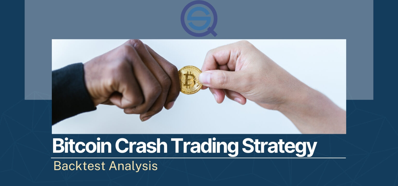 A horizontal banner titled "Bitcoin Crash Trading Strategy: Backtest Analysis" featuring two hands holding a gold Bitcoin coin against a professional blue background.