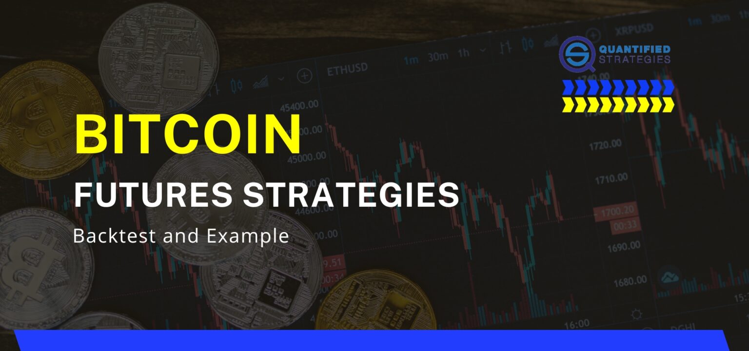 A professional digital banner titled "Bitcoin Futures Strategies – Backtest and Example" featuring gold Bitcoin coins and a technical trading chart on a dark background.