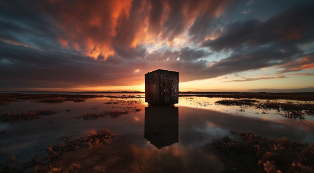 A cinematic, high-contrast image of a large, dark monolithic box standing in a shallow body of water at sunset, symbolizing a black box trading strategy.