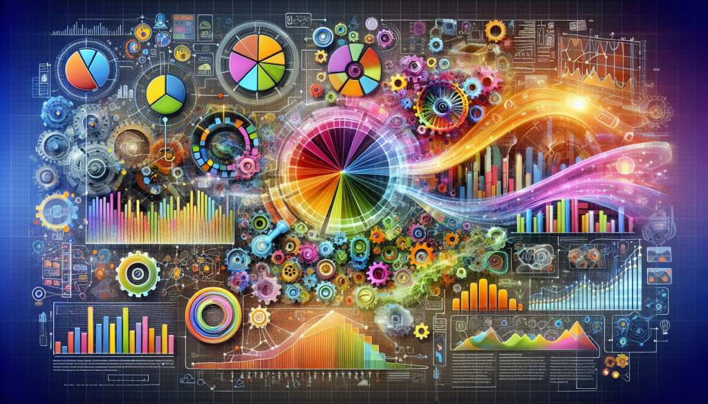 A complex digital collage illustrating stock price prediction models, featuring colorful gear wheels, pie charts, bar graphs, and flowing data streams representing machine learning algorithms.