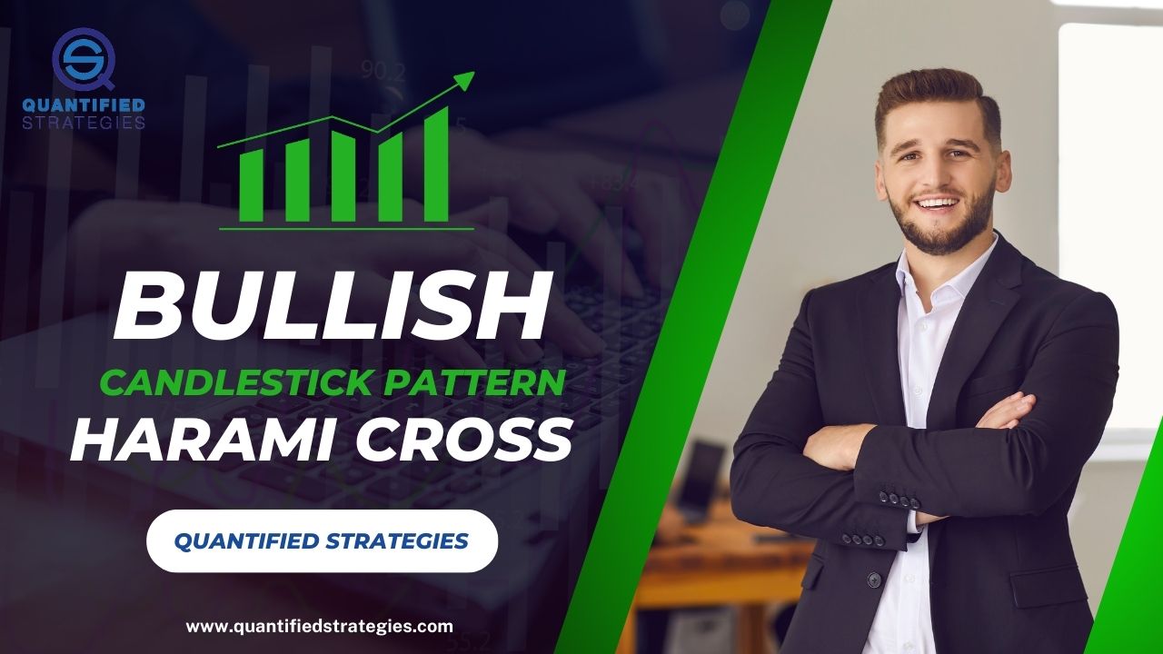 A professional article banner for "Bullish Harami Cross Candlestick Pattern" by Quantified Strategies, showing a smiling businessman next to a green bar chart with an upward trend arrow.