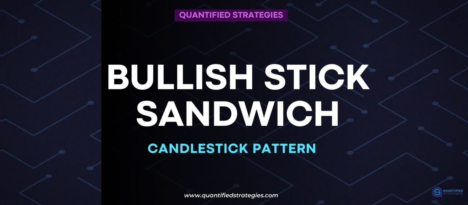 A professional article header image titled "Bullish Stick Sandwich Candlestick Pattern" by Quantified Strategies, featuring a dark geometric background with blue and purple accents.