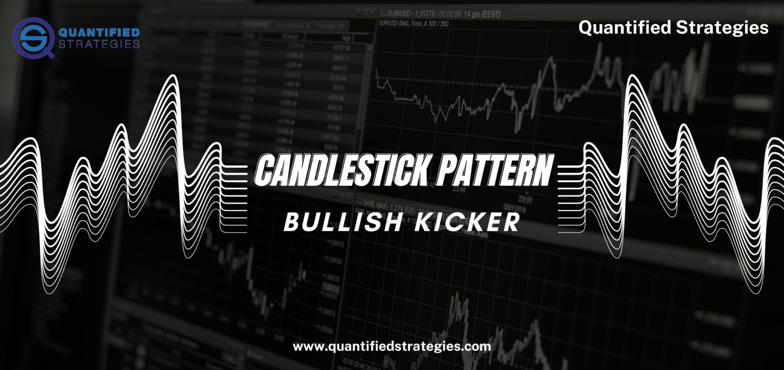 A professional banner for the Bullish Kicker candlestick pattern featuring an abstract dark trading terminal background with white price wave overlays and the Quantified Strategies logo.