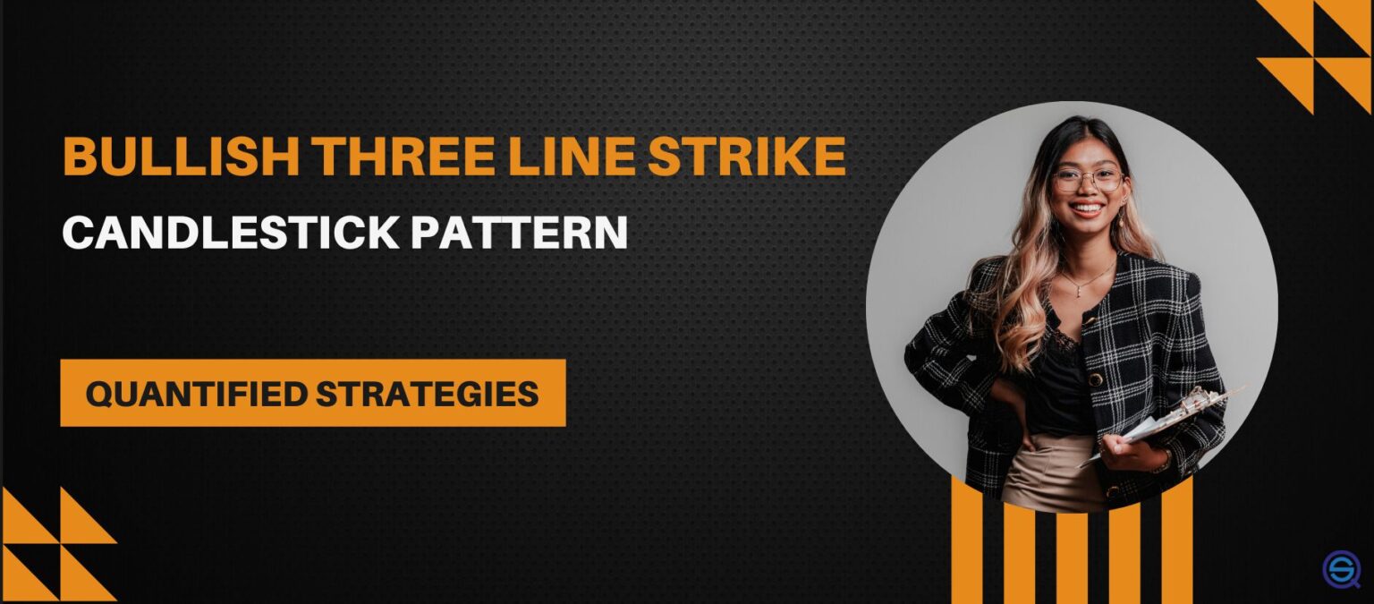 A professional featured banner for the "Bullish Three Line Strike Candlestick Pattern" by Quantified Strategies.
