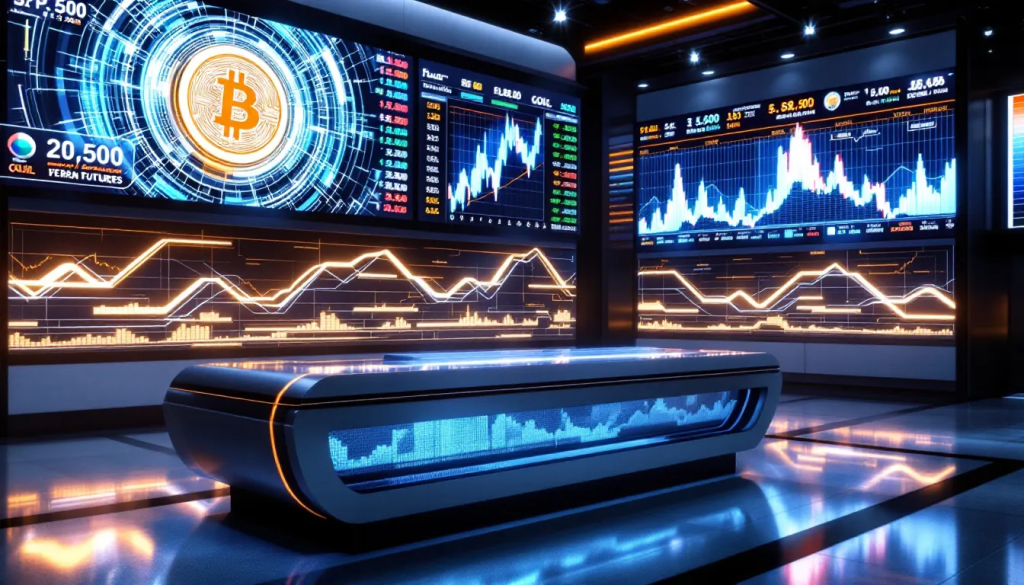 A high-tech trading lab comparing the Bitcoin futures trading contract against traditional finance products, featuring multiple large-scale glowing data screens with $BTC and legacy market price correlations.