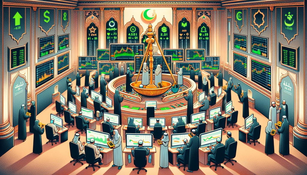 A detailed digital illustration of a modern Islamic trading floor.