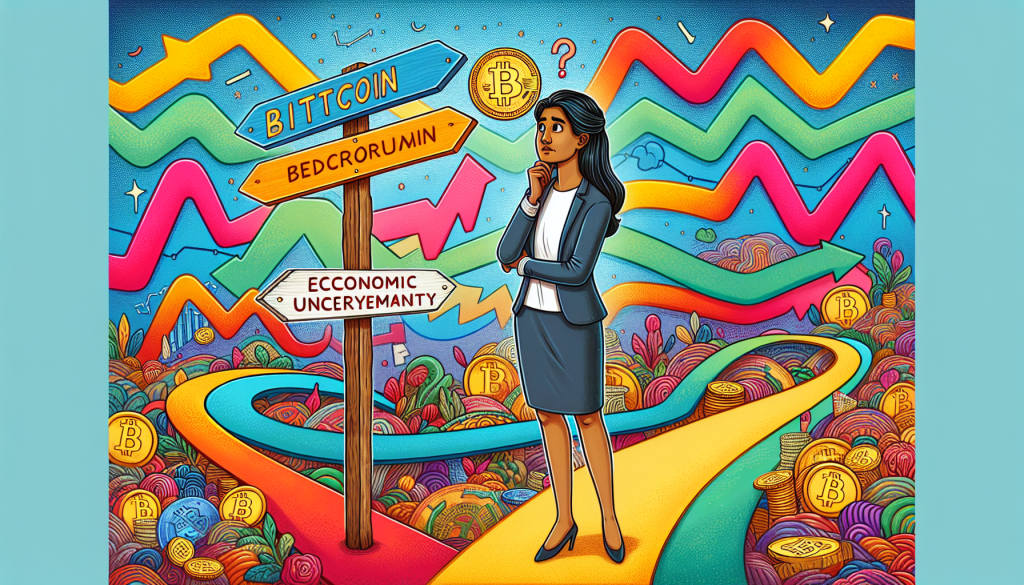 A colorful illustration of a business professional standing at a crossroads with signposts for Bitcoin and economic uncertainty, representing the reimagining of corporate treasury management through the Bitcoin playbook.