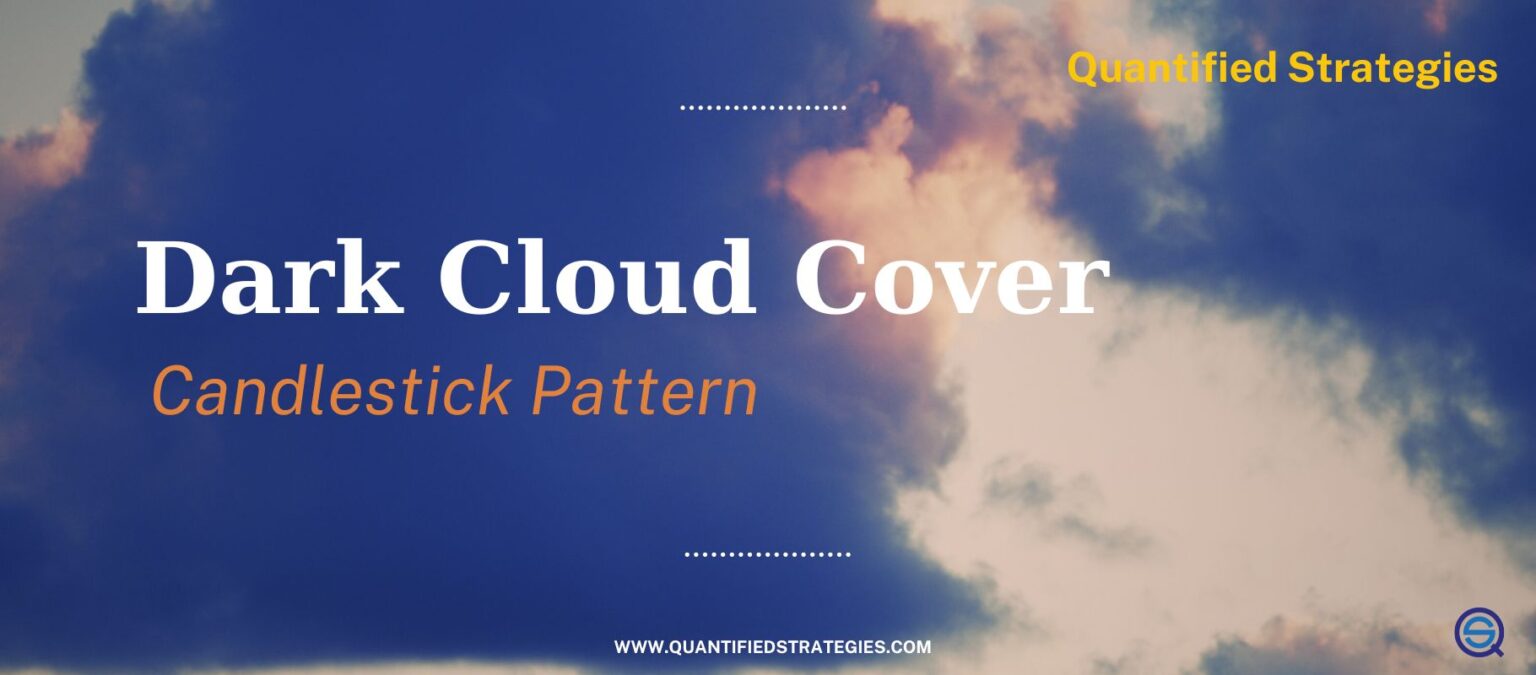 A professional article header for "Dark Cloud Cover Candlestick Pattern" by Quantified Strategies, featuring a dramatic dark cloud background.