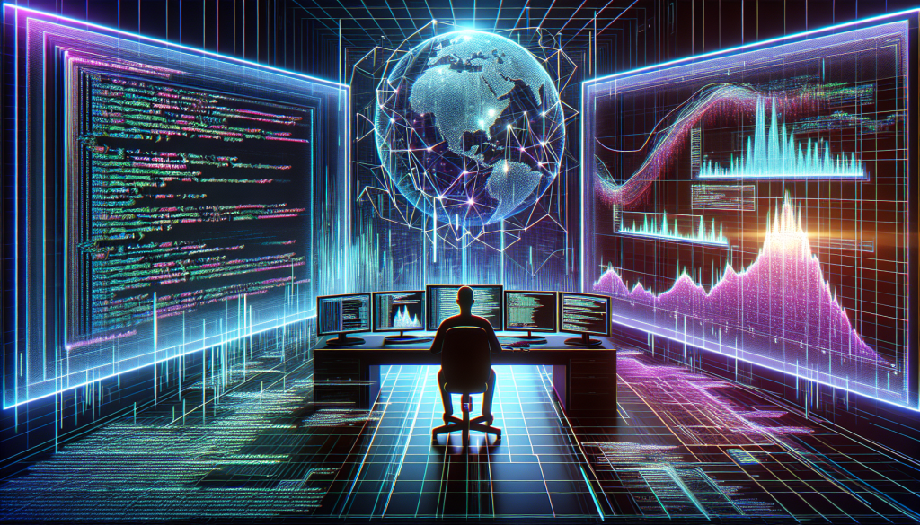 A digital illustration of a trader at a multi-monitor workstation surrounded by holographic displays of complex code, a global network globe, and rising financial equity curves.