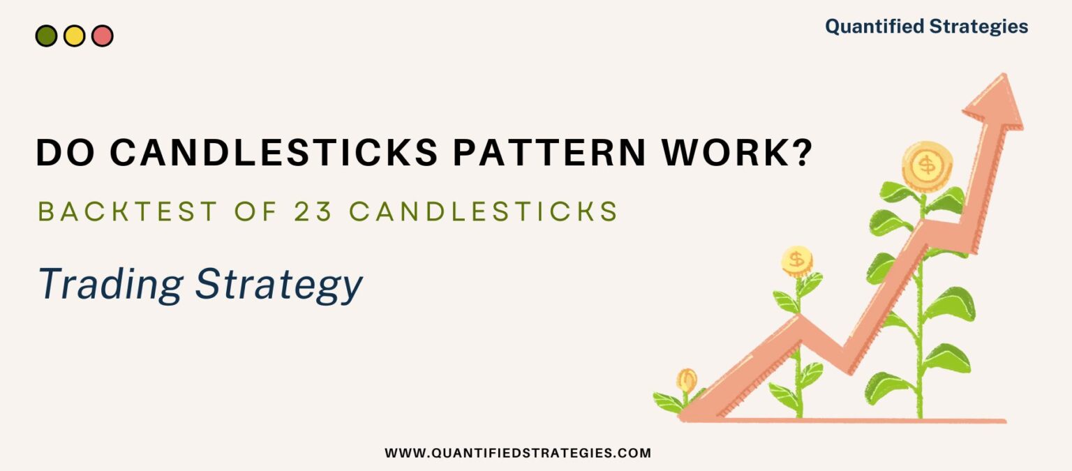 An artistic featured banner for "Do Candlestick Patterns Work? Backtest of 23 Candlesticks" by Quantified Strategies.