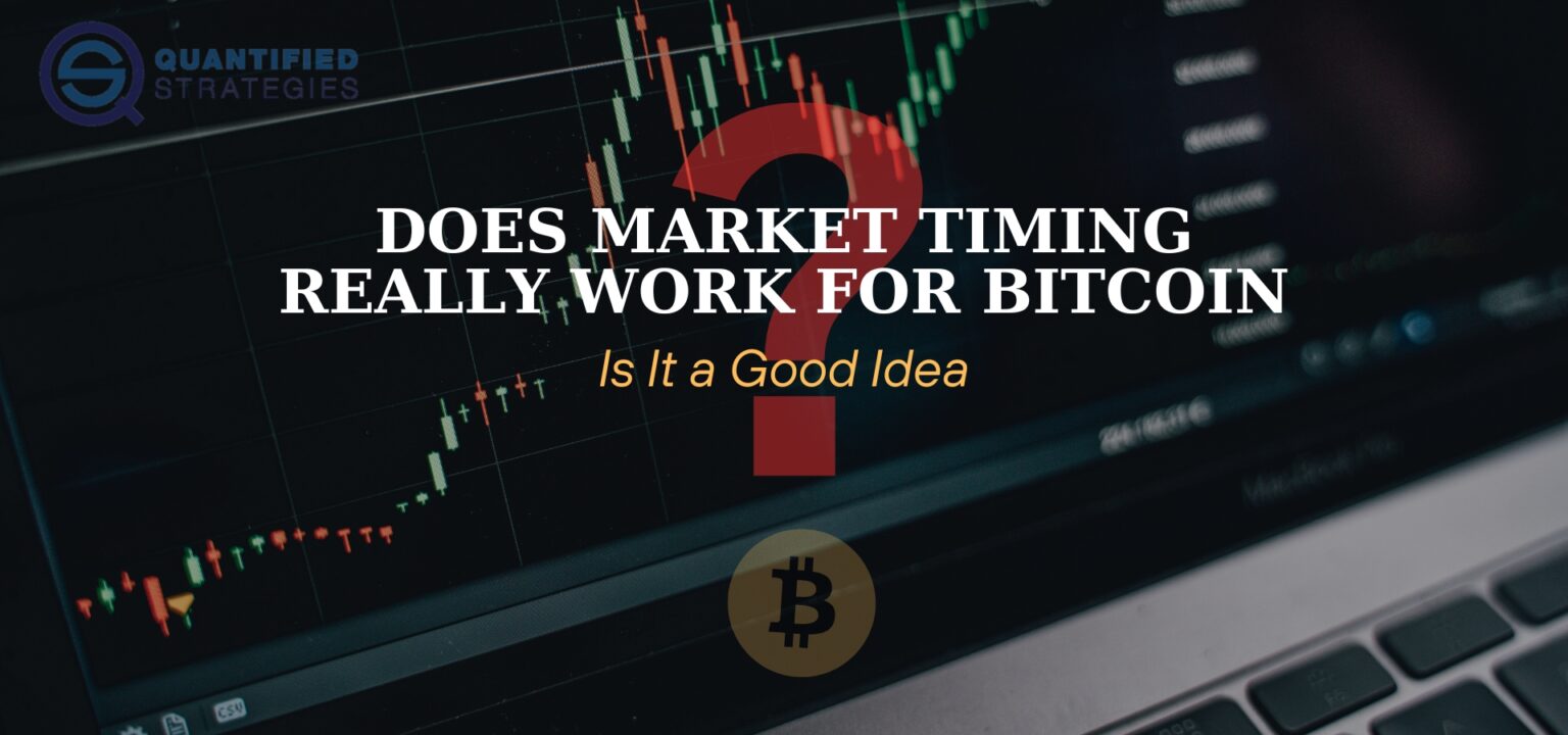 A professional web banner titled "Does Market Timing Really Work for Bitcoin? (Is It a Good Idea?)" featuring a red question mark over a dark trading terminal background with a Bitcoin logo.