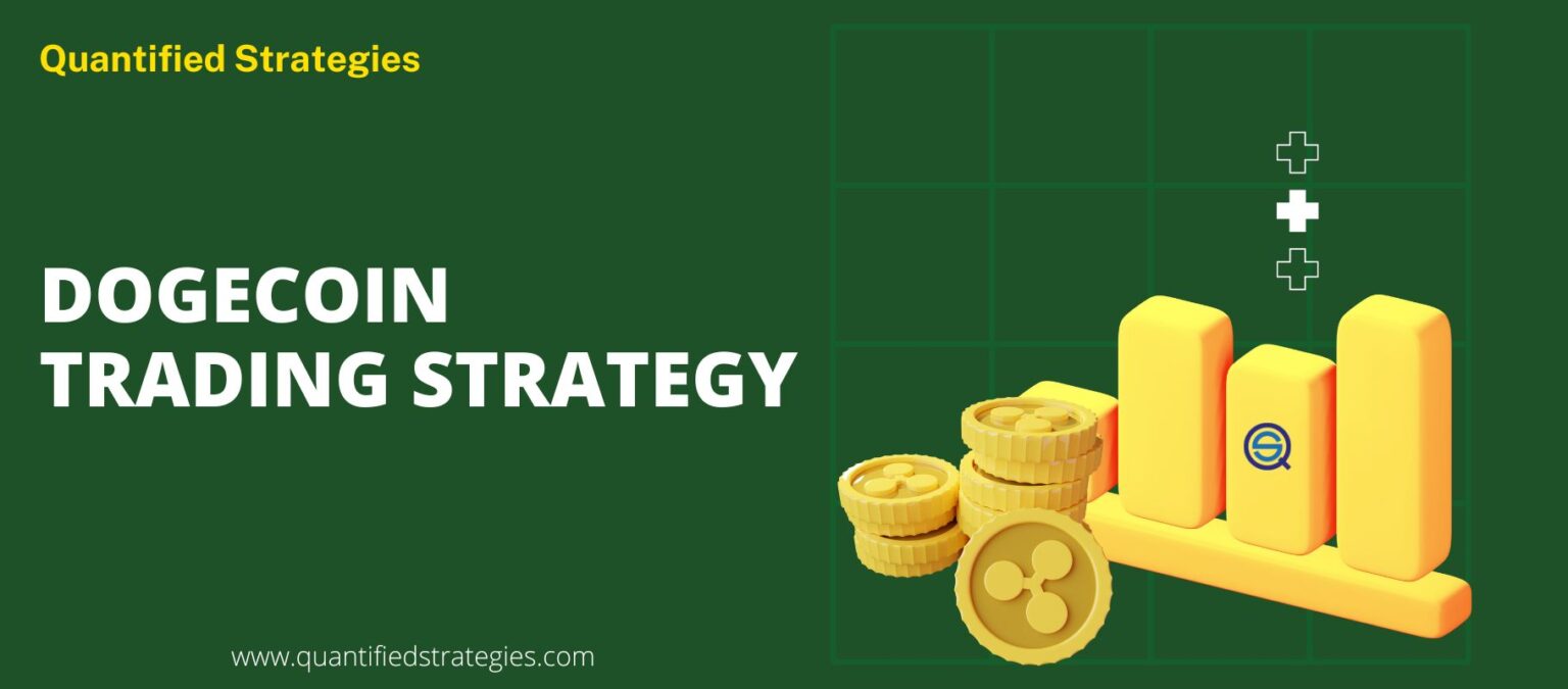 A professional digital banner for a Dogecoin Trading Strategy featuring the DOGE Shiba Inu mascot and gold coins over a futuristic blue financial chart.