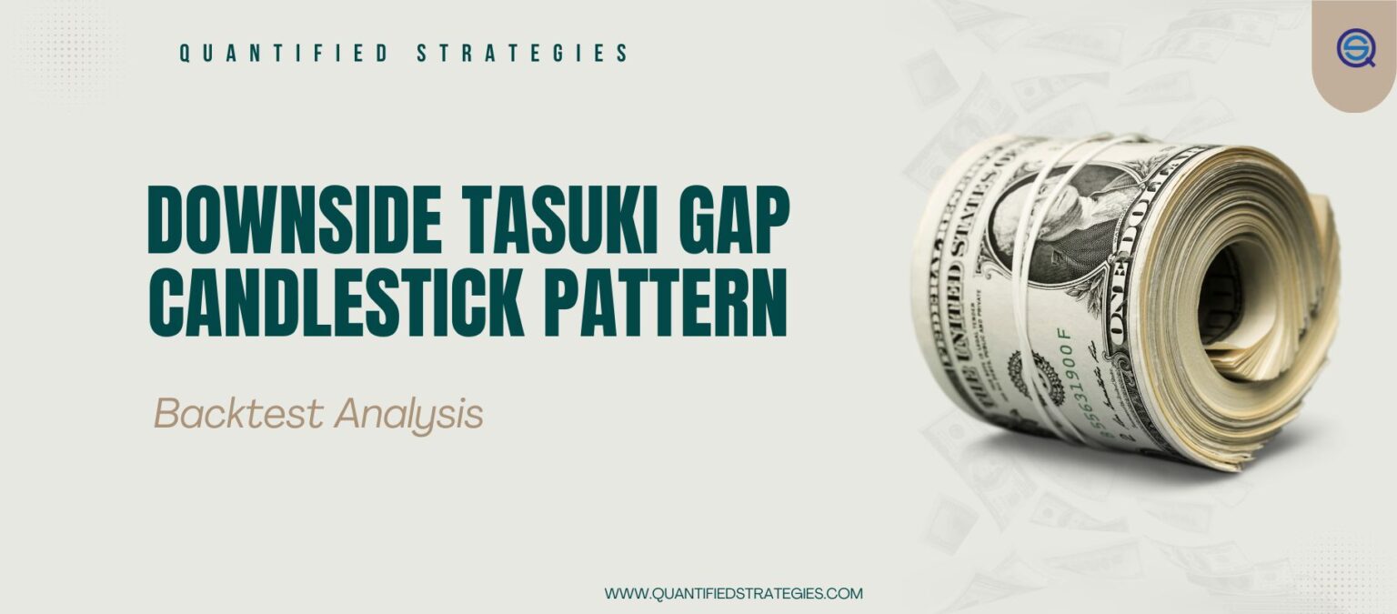 A professional article header for "Downside Tasuki Gap Candlestick Pattern: Backtest Analysis" by Quantified Strategies.