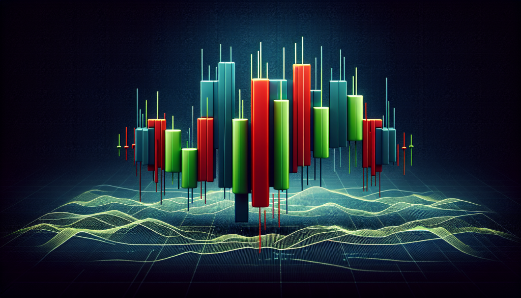 A 3D digital rendering of vibrant green and red financial candlesticks floating above a glowing yellow grid, conceptually representing the alternating price action found in a Bearish Stick Sandwich pattern.