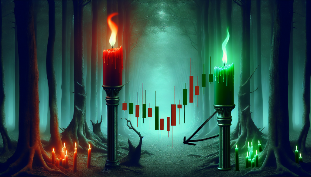 An artistic digital illustration of a bear silhouette standing over a downward-sloping technical trading chart with red and green candlesticks, representing the market sentiment of the Bearish Thrusting pattern.