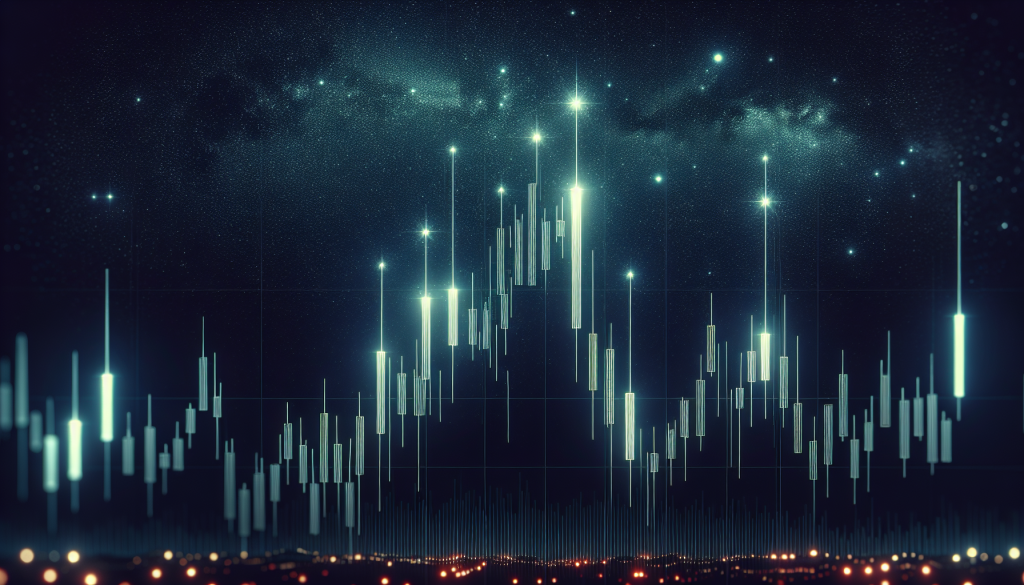 A cinematic 3D rendering of glowing financial candlesticks against a starry night sky, with three prominent "doji" stars at the peak of a price trend, symbolizing the Bearish Tri-Star Doji pattern.