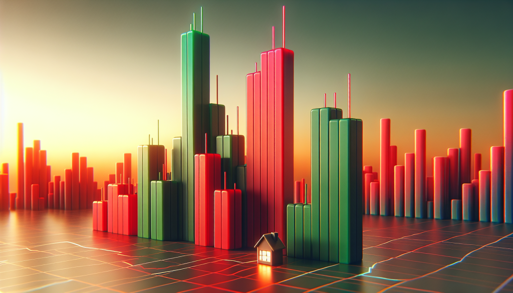 A conceptual 3D illustration of a Bullish Abandoned Baby pattern, featuring tall red and green financial bar charts with a tiny, glowing house icon nestled in a gap at the bottom, symbolizing the "abandoned" doji candle.