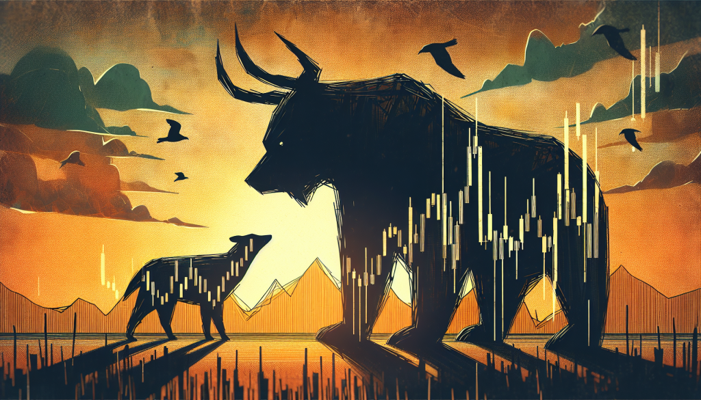 An artistic illustration of a large bear silhouette and a small bull silhouette at sunset, both filled with financial candlestick patterns, representing the trend reversal of the Bullish Harami Cross.