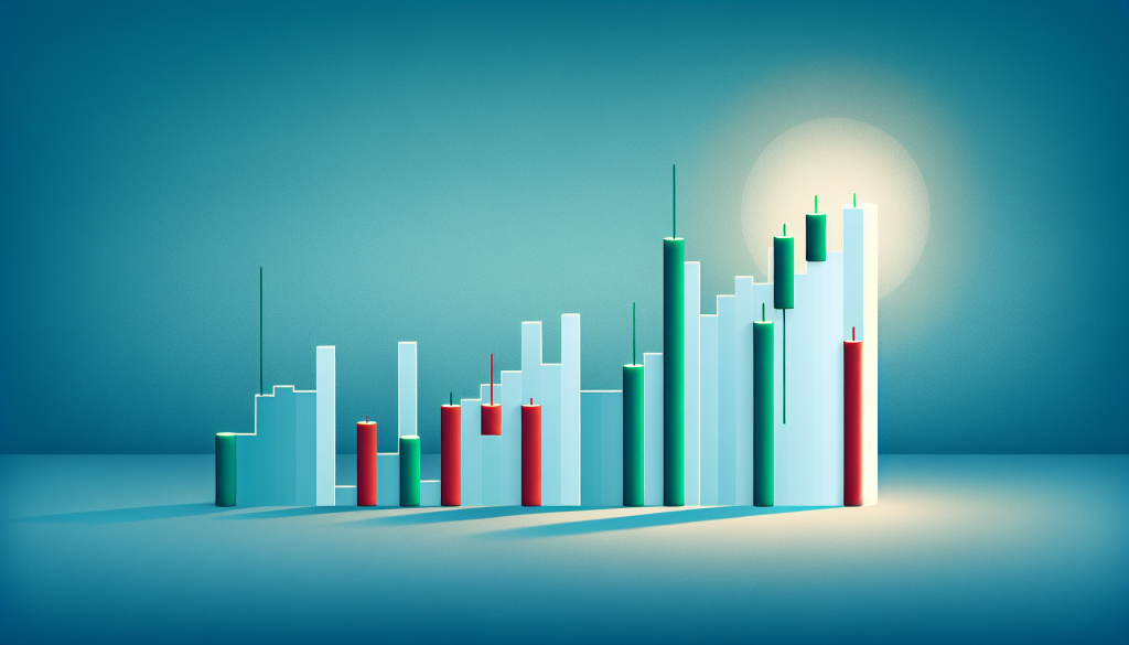 A 3D creative visualization of a Rising Window candlestick pattern. The image features a series of rising blue and green bar columns on a teal background, with a prominent glowing white candle at the peak of the trend, illustrating strong bullish momentum and a price breakout.