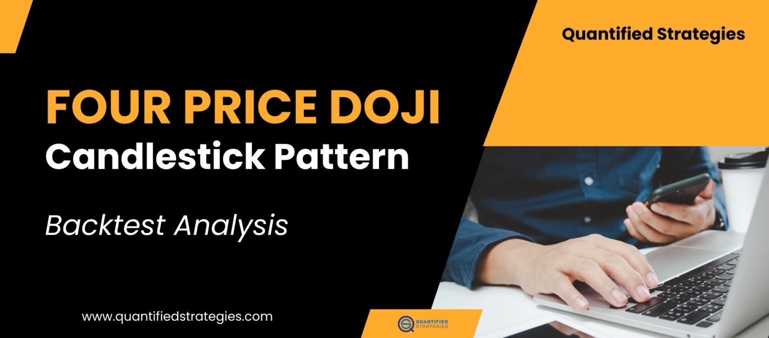 An article hero banner titled "Four Price Doji Candlestick Pattern: Backtest Analysis" by Quantified Strategies. The left side features bold white and orange text on a black background, while the right side shows a professional trader working on a laptop with a smartphone nearby on a wooden desk.