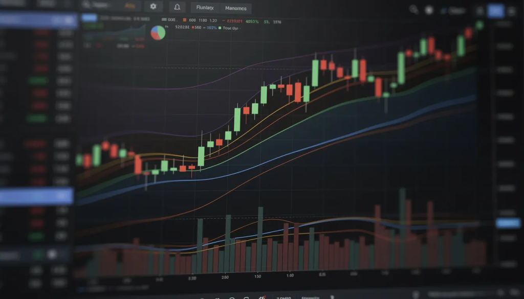 A close-up view of a dark-themed trading interface showing a green and red candlestick price chart with multiple moving average trend lines and volume bars at the bottom.