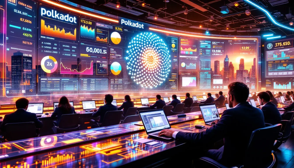A wide-angle digital illustration of a professional trading floor in 2026, featuring rows of analysts working at laptops in front of a massive, curved wall of glowing screens displaying Polkadot DOT price charts, network data, and a central Polkadot logo.