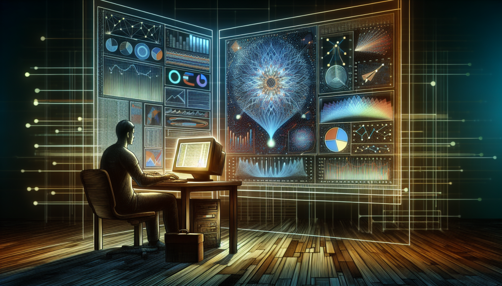 A digital illustration of a data scientist working at a terminal surrounded by glowing holographic displays of complex charts, neural networks, and data visualizations, representing advanced quantitative analysis.