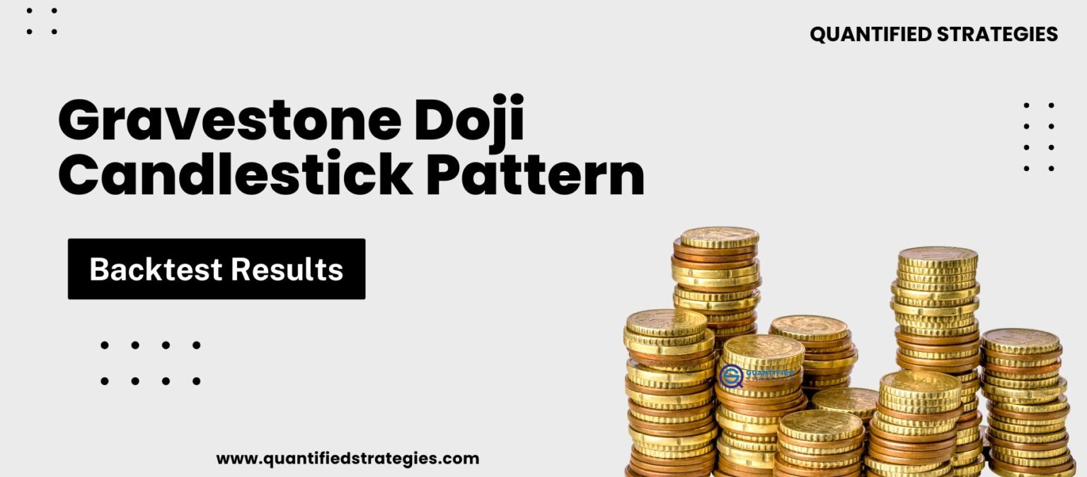 An article hero banner titled "Gravestone Doji Candlestick Pattern: Backtest Results" by Quantified Strategies. The graphic features bold black text on a clean, light gray background, with several stacks of gold coins on the right side to symbolize financial results.