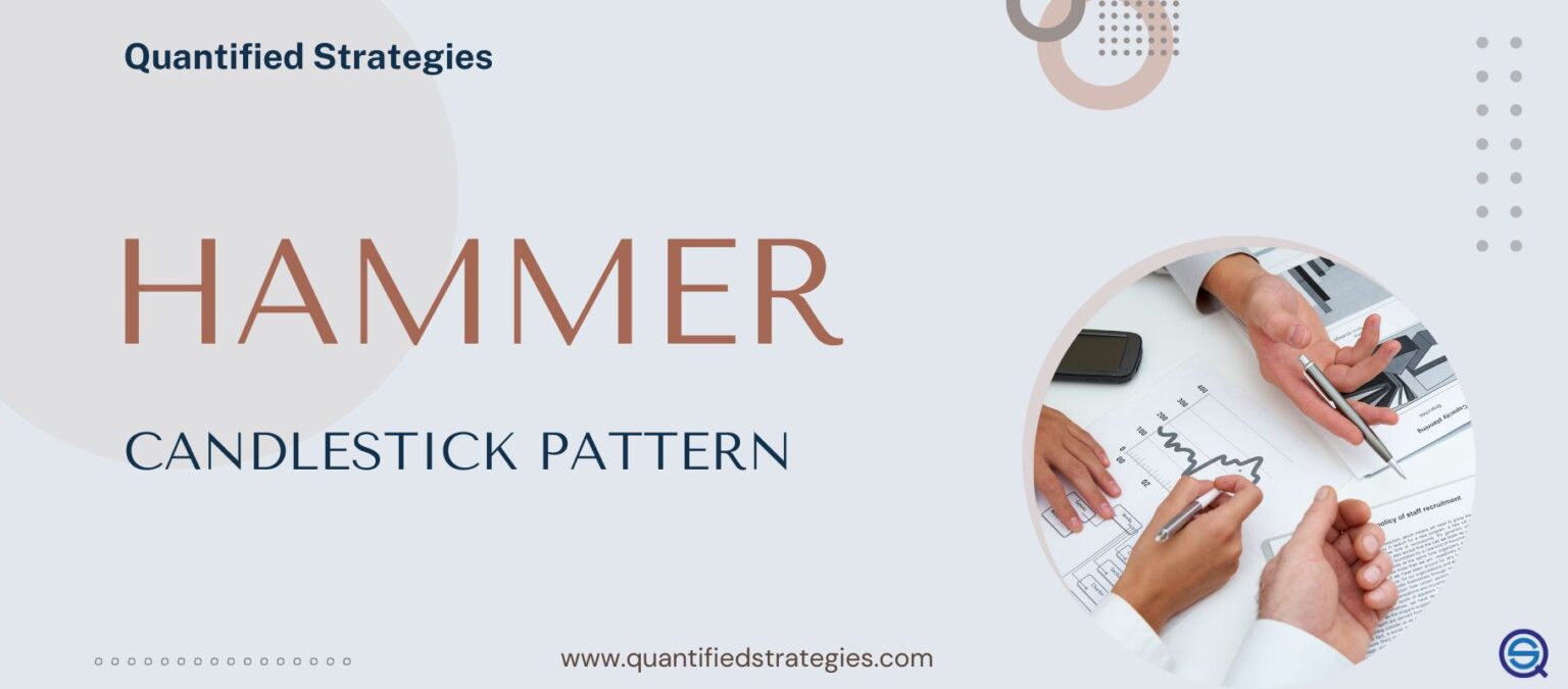 An article hero banner titled "Hammer Candlestick Pattern" by Quantified Strategies. The graphic features minimalist brown and blue text on a light gray background.