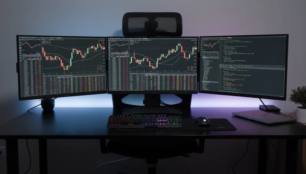 A professional trading workstation with three large monitors displaying financial candlestick charts and complex programming code for automated trading.