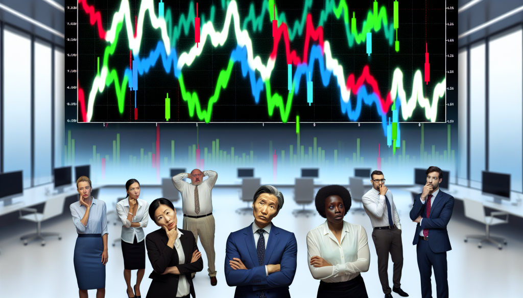 An artistic digital illustration of a diverse team of professional traders and analysts standing in a high-tech trading room, looking thoughtfully at a large glowing screen displaying complex candlestick charts and market data.