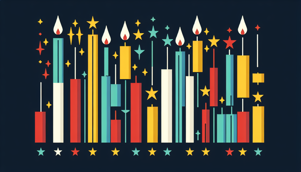 An artistic, stylized digital illustration of various triple candlestick patterns represented as colorful geometric candles with stars and flames against a dark background.