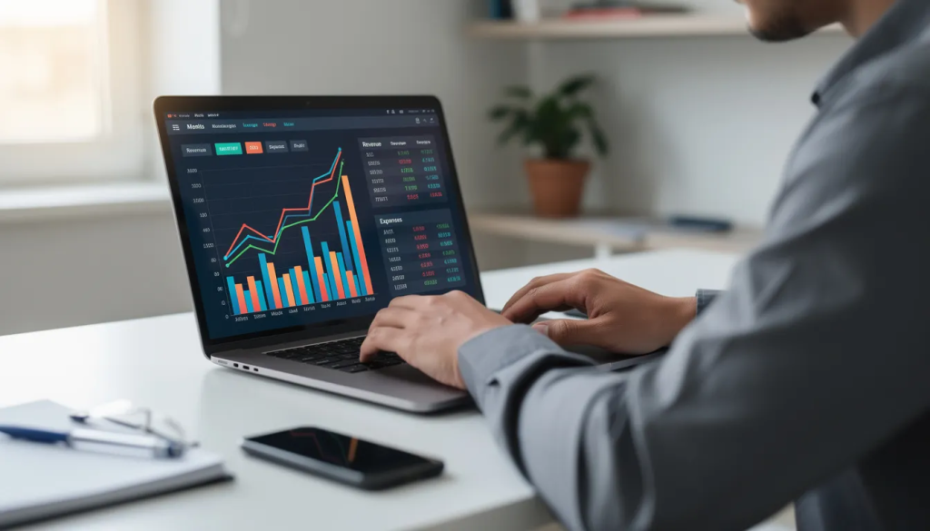 A person working on a laptop displaying a financial dashboard with blue and orange bar charts and green trend lines.