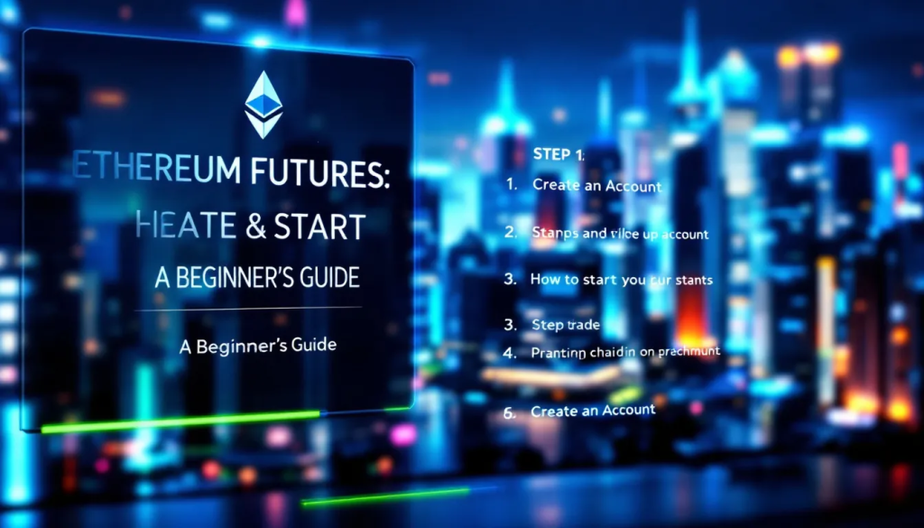 A digital infographic titled "Ethereum Futures: A Beginner's Guide" set against a blurred neon cityscape, listing steps to start trading including account creation and practicing on a demo account.