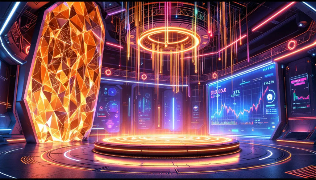 A person’s hand using a smartphone to interact with a vibrant digital interface showing a Dogecoin logo, upward-trending price graphs, and binary data streams.