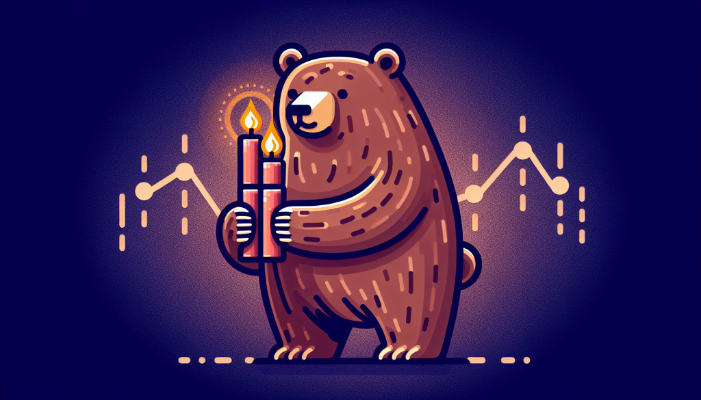 A playful cartoon illustration of a large brown bear holding two glowing red candles, set against a dark purple background with a simple line graph, representing the "Bearish Stick Sandwich" trading concept.
