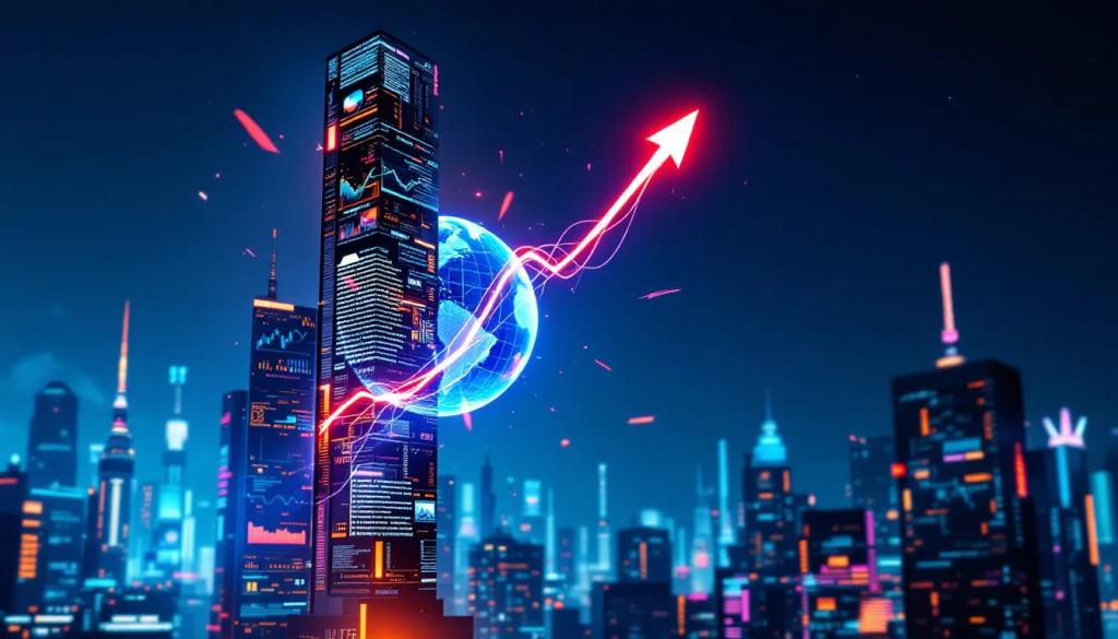 A high-tech digital skyscraper displaying live trading data and market analytics for the iShares Bitcoin Trust (IBIT), with a glowing red arrow trending upward against a futuristic city skyline at night.