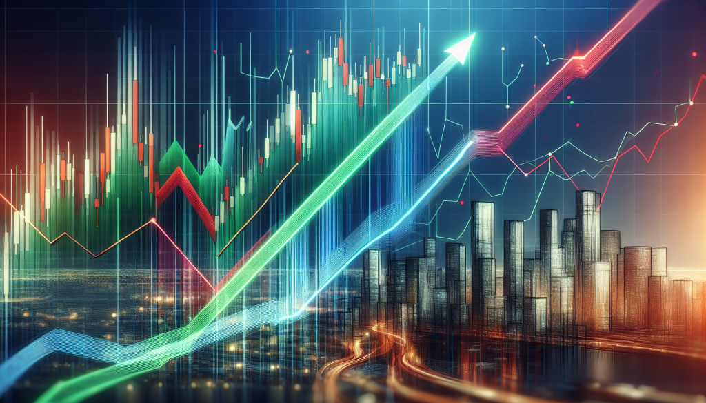 A stylized digital art piece showing a financial candlestick chart transitioning into glowing green and blue upward-trending arrows over a futuristic city skyline, representing a successful bullish market reversal.