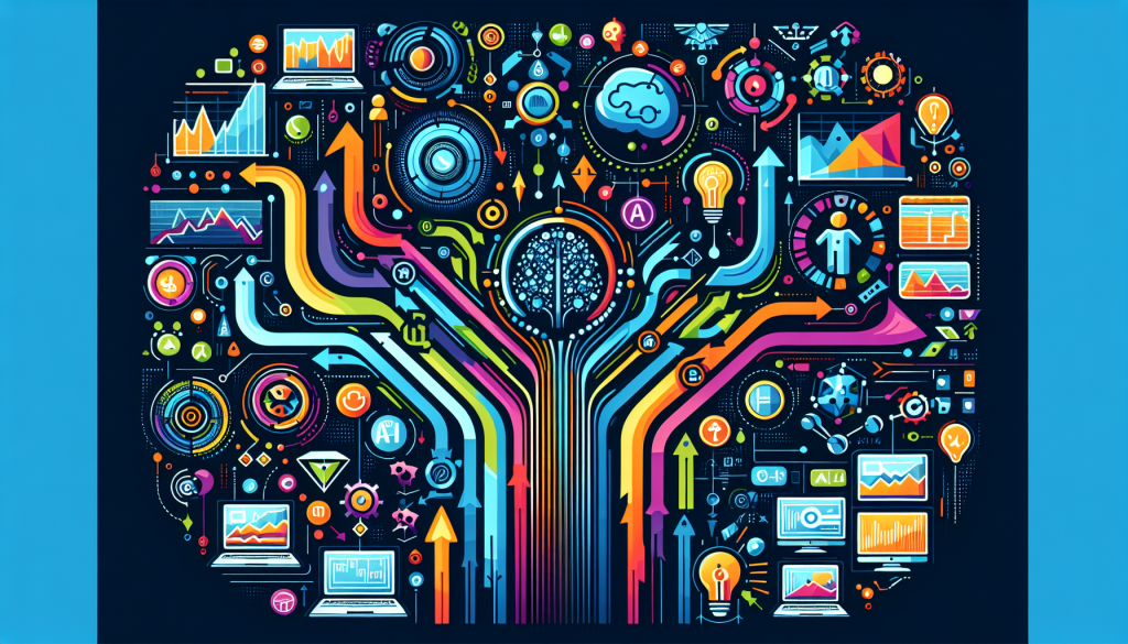 A vibrant, circular infographic showing the implementation of AI-powered trading strategies, featuring a central "data tree" with colorful arrows branching out toward icons for laptops, brain-integrated circuits, and financial growth charts.