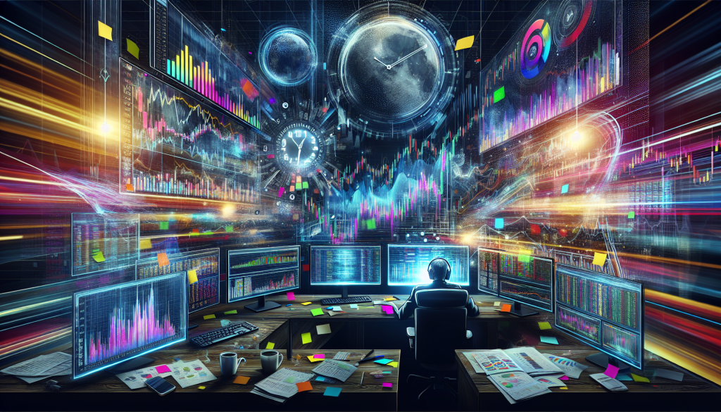 A high-tech digital workspace showing a trader surrounded by multiple monitors displaying real-time financial charts, glowing clocks representing global time zones, and vibrant data streams used for backtesting AI trading strategies.